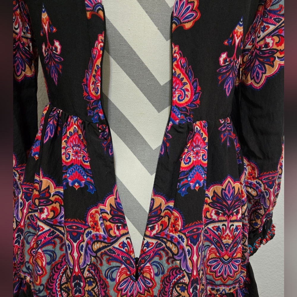Anthropologie Boho Paisley Print Mock Neck Long Sleeve Mini Dress Size 0P - Picture 11 of 16